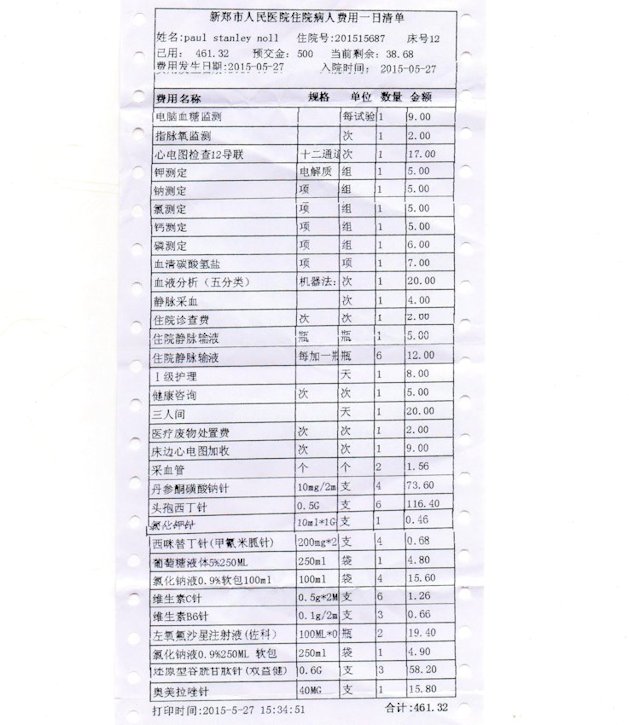 Hospital Bill for Visit and Work  