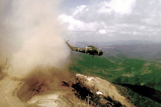 A Chopper takes off from Helipad