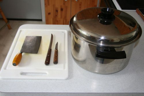 Pot, Cutting Board, Knives