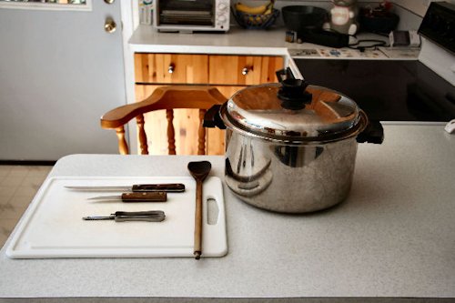 Pot, Cutting Board, Knives